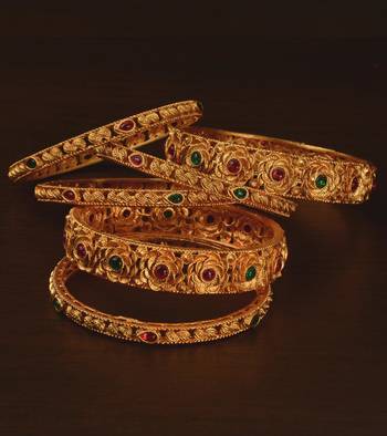 Ruby and Emerald Embellished Matte Finish Temple Bangles BD577 1