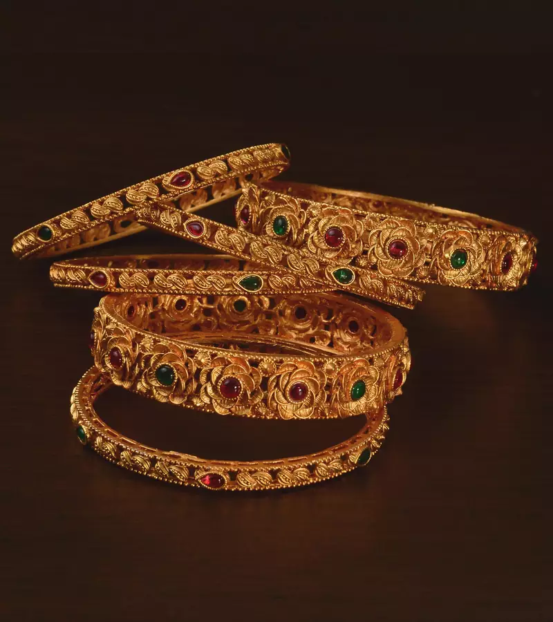 Ruby and Emerald Embellished Matte Finish Temple Bangles BD577