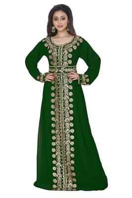 Dark Green Embroidered Kaftan With Belt 1
