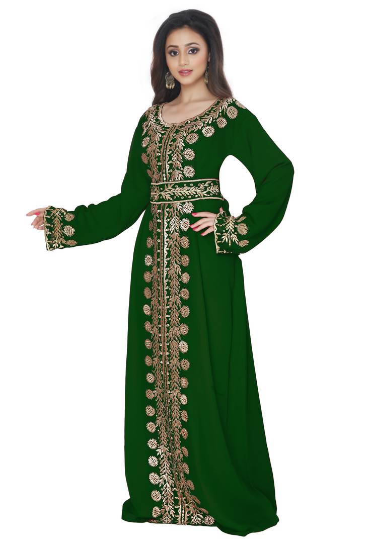 Dark Green Embroidered Kaftan With Belt