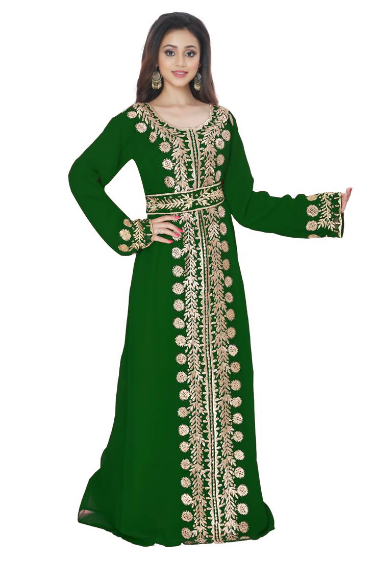 Dark Green Embroidered Kaftan With Belt