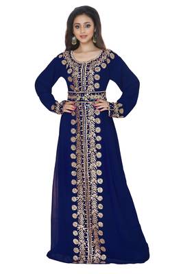 Navy Blue Embroidered Kaftan With Belt 1