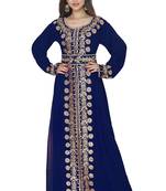 Navy Blue Embroidered Kaftan With Belt