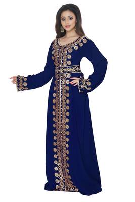 Navy Blue Embroidered Kaftan With Belt 2