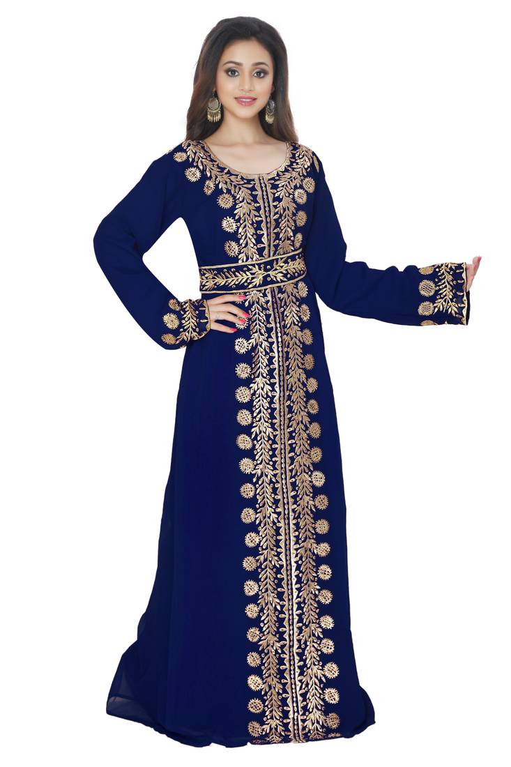 Navy Blue Embroidered Kaftan With Belt