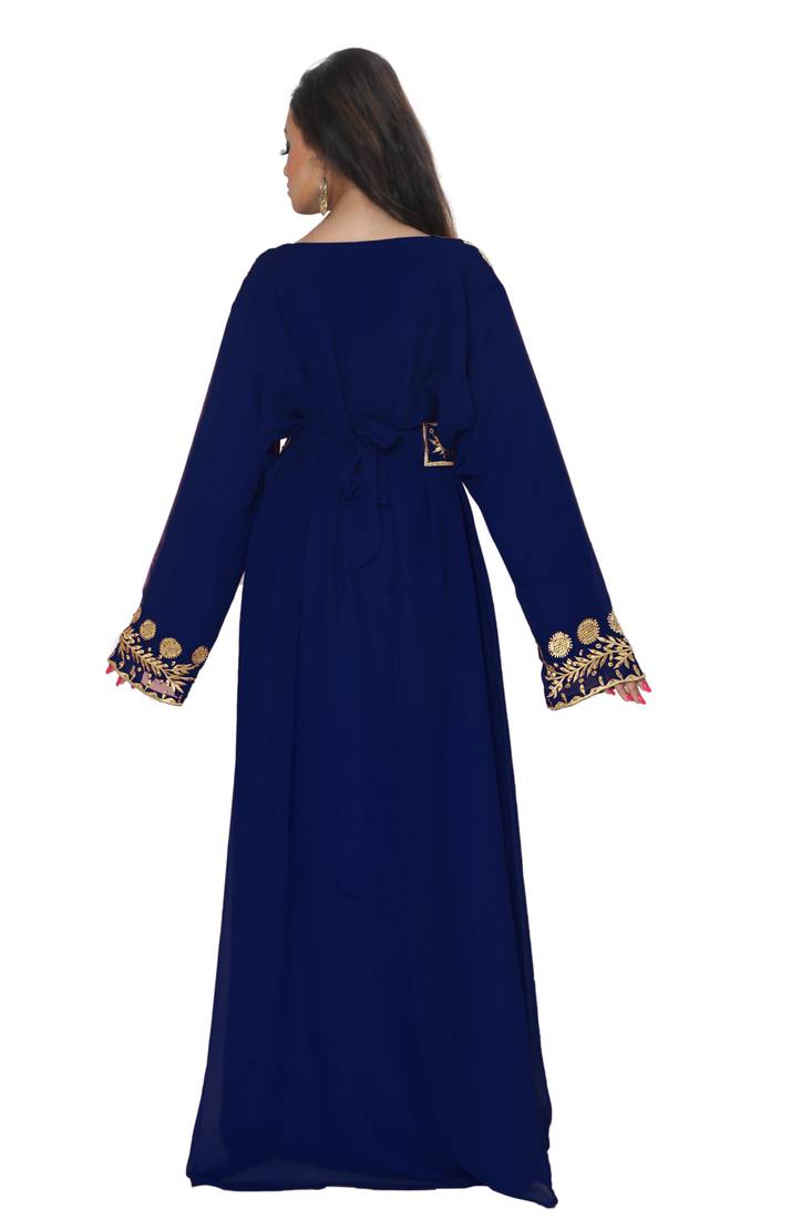 Navy Blue Embroidered Kaftan With Belt