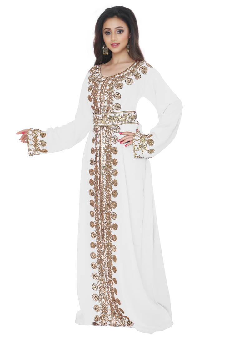 White Embroidered Kaftan With Belt