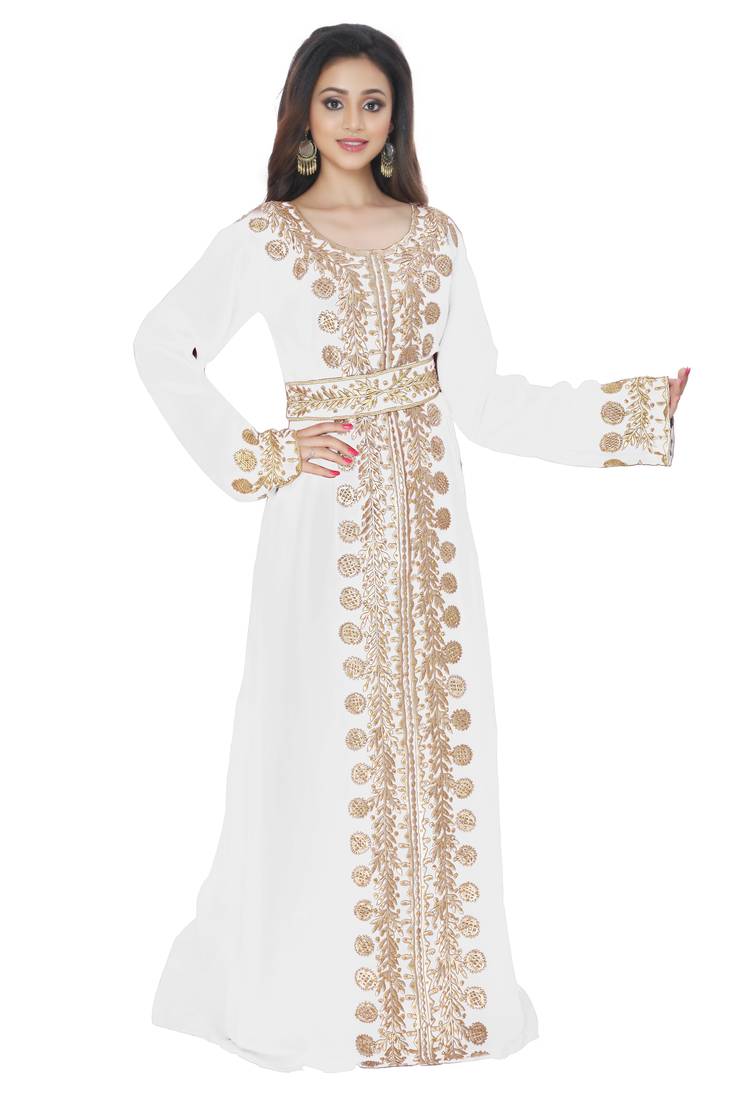White Embroidered Kaftan With Belt