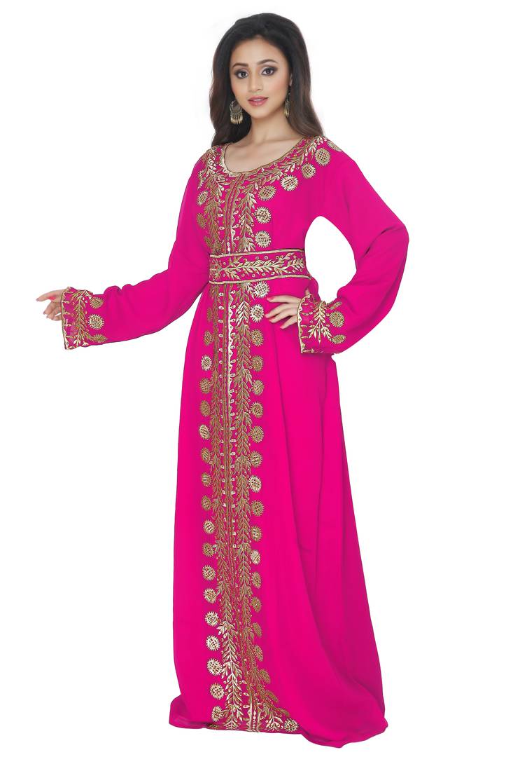 Pink Embrodered Kaftan With Belt