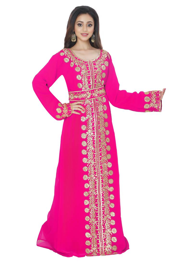Pink Embrodered Kaftan With Belt