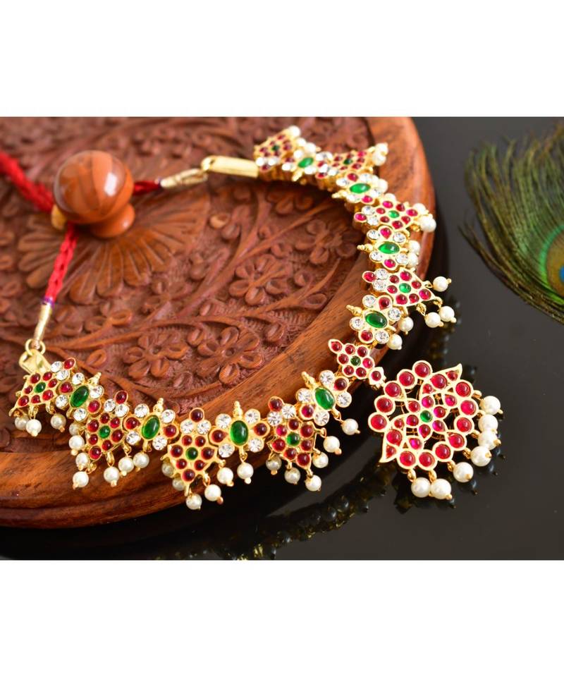 Gorgeous Gold Tone Semi Precious Real Kemp Temple Necklace _Dj14751