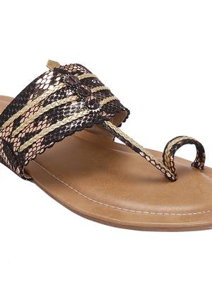 La Savie Rose Gold  And Black Women Kolhapuri Flats 3