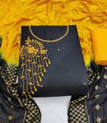 Jheenu Black Embroidred Slub Cotton Dress materials Unstitched