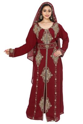 Georgette Maroon Embroidered Kaftan With Dupatta 1