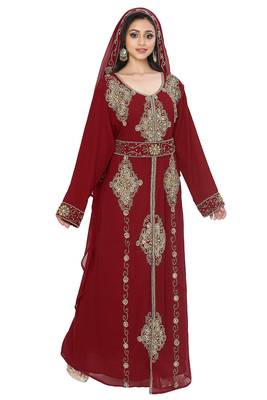 Georgette Maroon Embroidered Kaftan With Dupatta 2