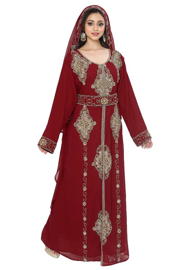 Georgette Maroon Embroidered Kaftan With Dupatta