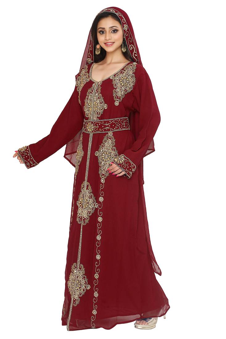 Georgette Maroon Embroidered Kaftan With Dupatta