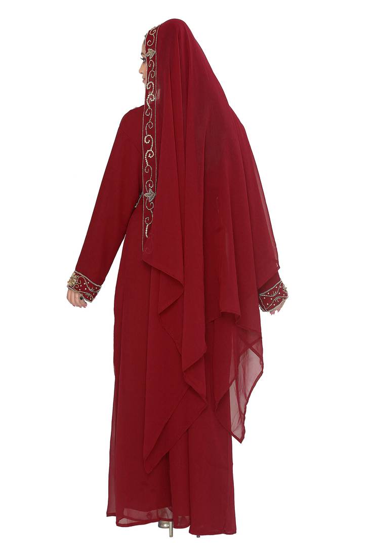 Georgette Maroon Embroidered Kaftan With Dupatta