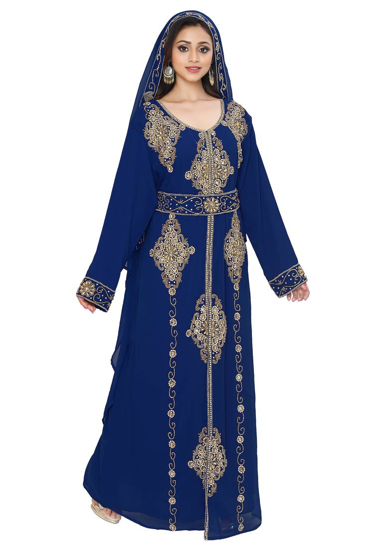 Navy Blue Embroidered Kaftan With Dupatta