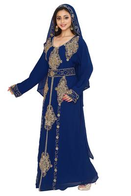 Navy Blue Embroidered Kaftan With Dupatta 3