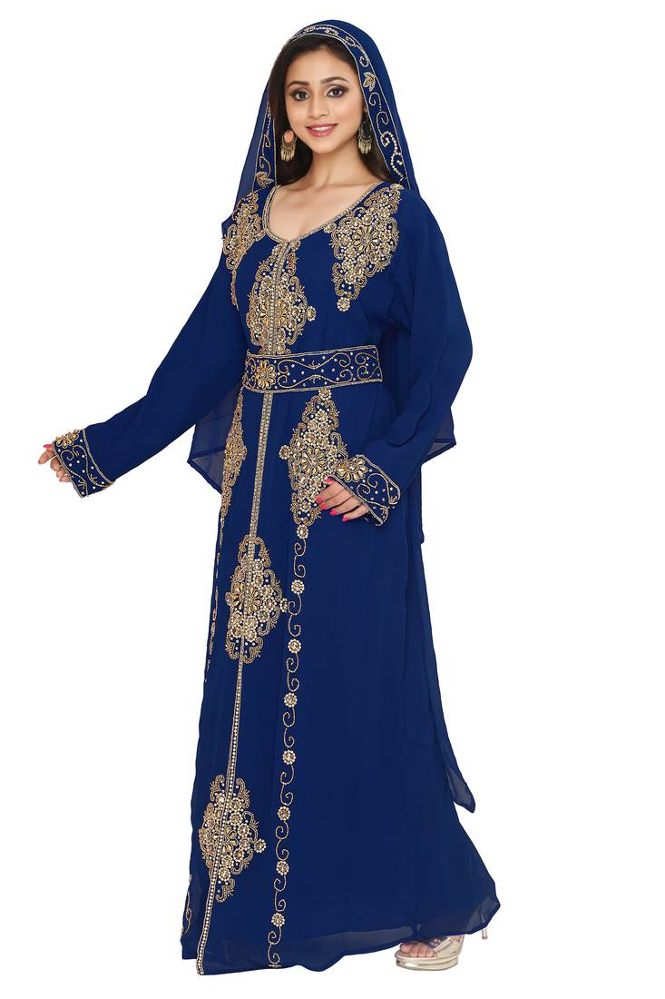 Navy Blue Embroidered Kaftan With Dupatta