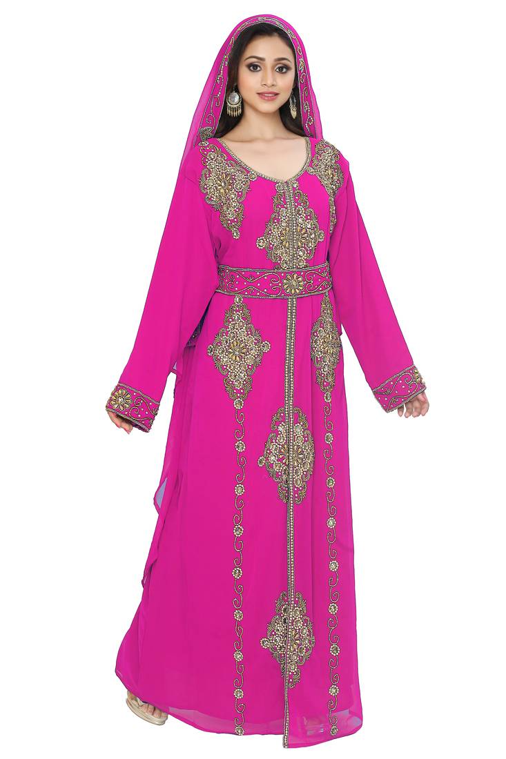 Pink Embroidered Kaftan With Dupatta