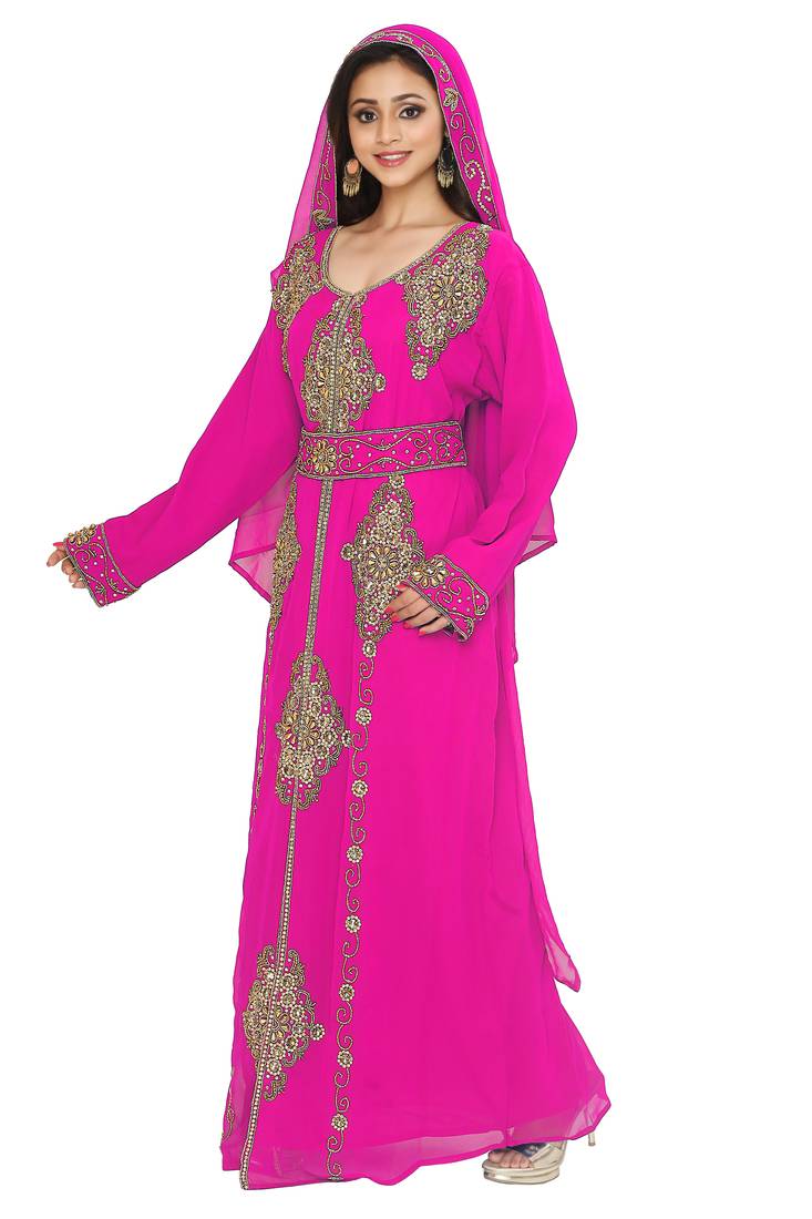 Pink Embroidered Kaftan With Dupatta