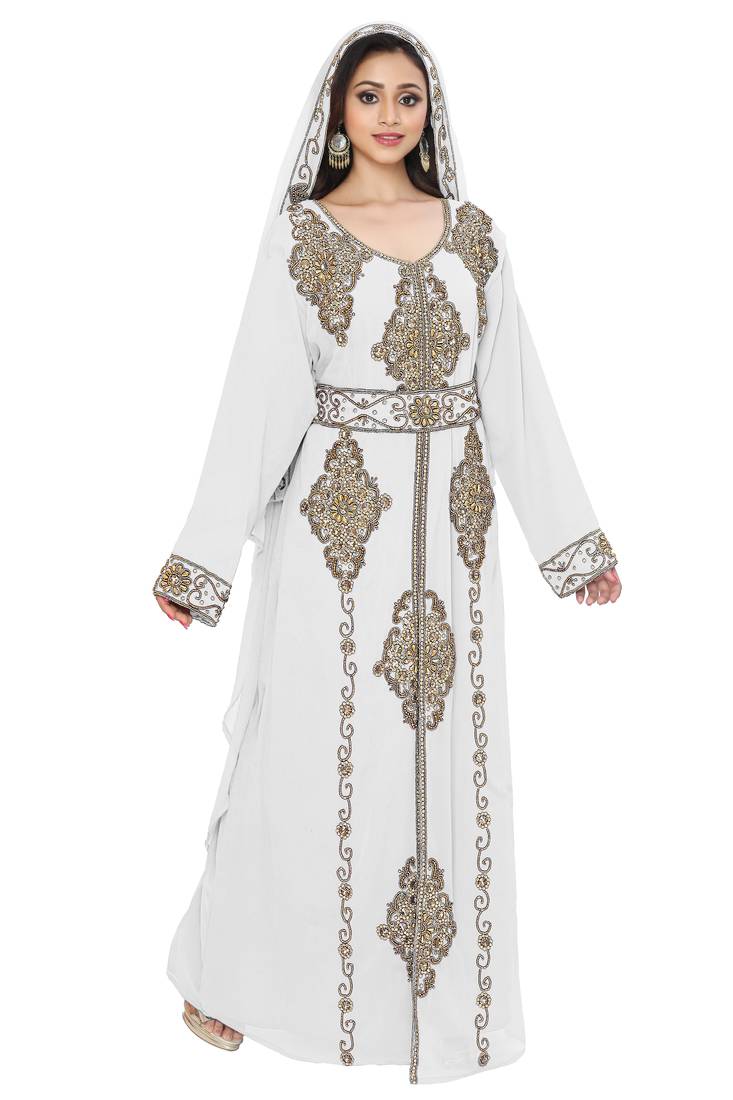 White Embroidered Kaftan With Dupatta