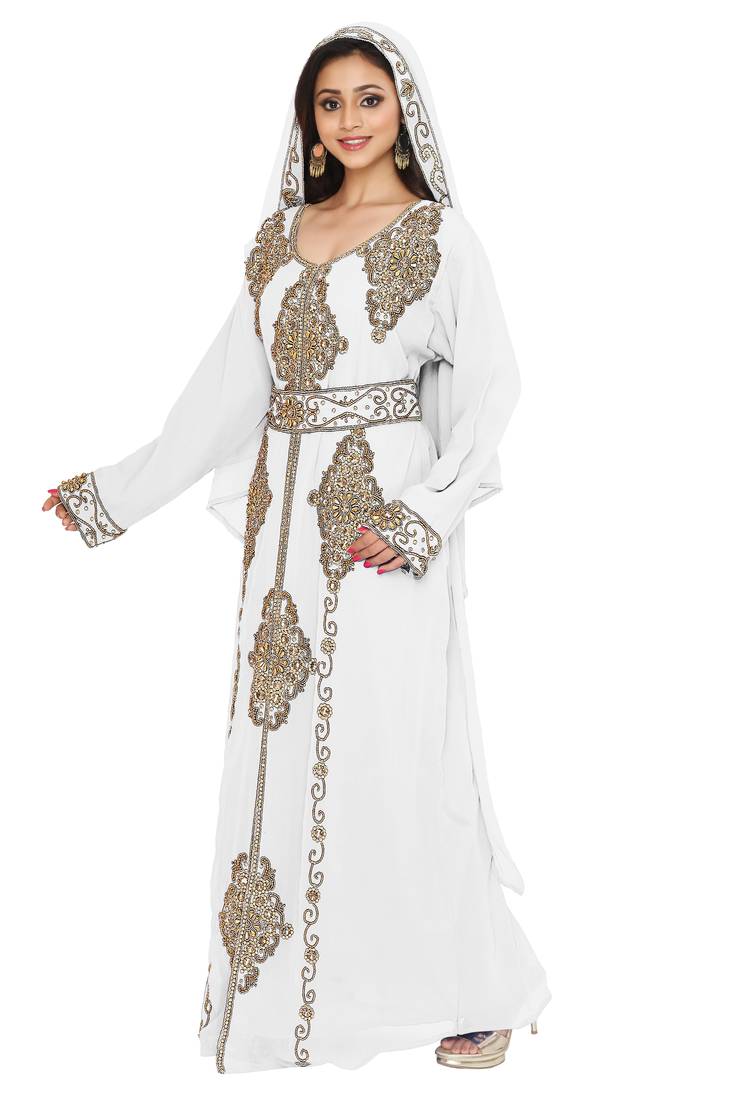 White Embroidered Kaftan With Dupatta