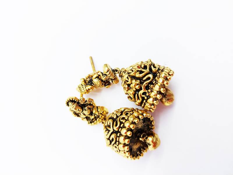 Godess Devi Floral Pattern Bell Shaped Small Jhumki Earring with Ghunghroo
