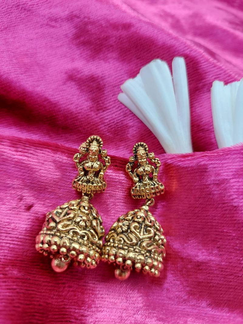 Godess Devi Floral Pattern Bell Shaped Small Jhumki Earring with Ghunghroo