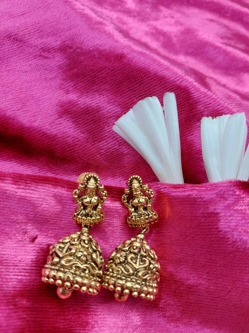 Godess Devi Floral Pattern Bell Shaped Small Jhumki Earring with Ghunghroo
