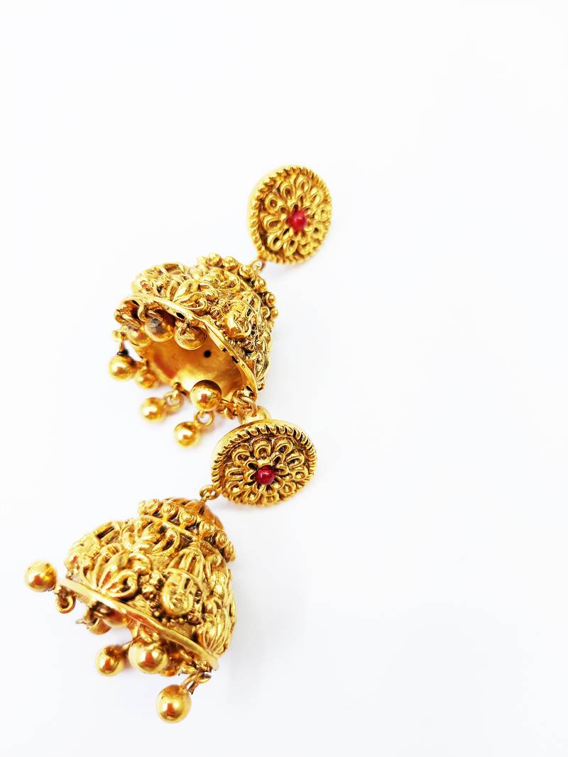 South Indian Floral Pattern Dome Shaped Small Jhumki Earring with Ghunghroos