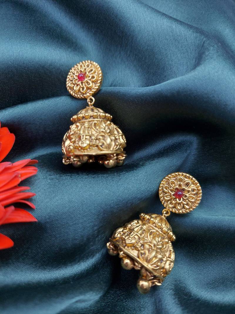 South Indian Floral Pattern Dome Shaped Small Jhumki Earring with Ghunghroos
