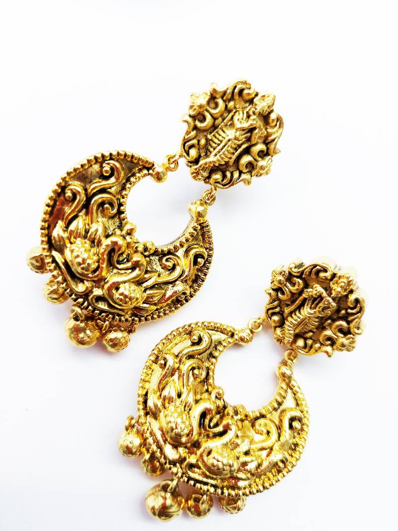 God Krishna Pattern Peacock Design Chandbali Jhumki Earring with Ghunghroo