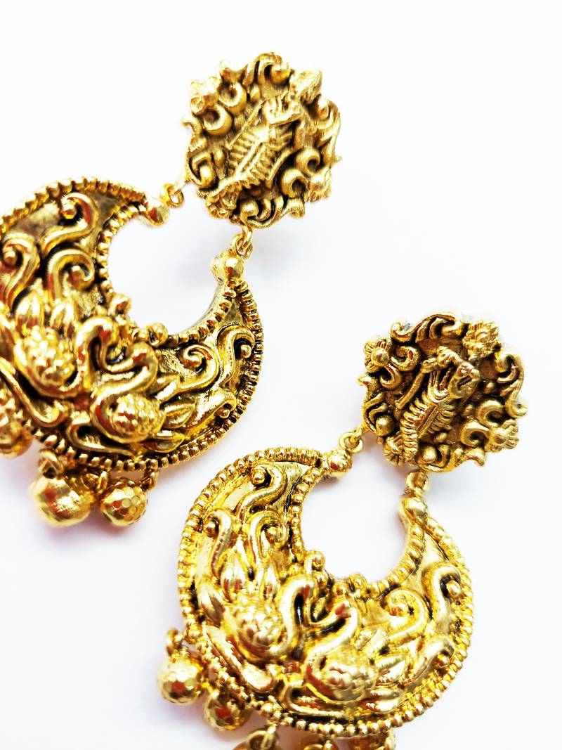 God Krishna Pattern Peacock Design Chandbali Jhumki Earring with Ghunghroo