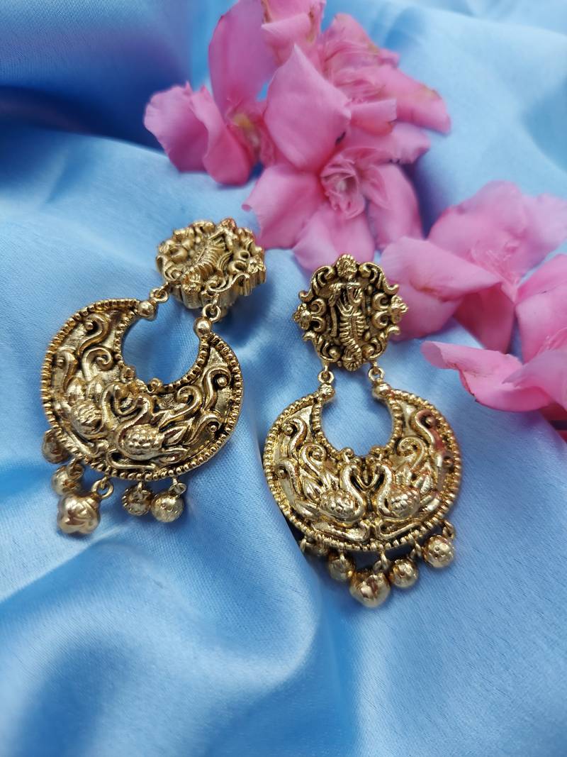 God Krishna Pattern Peacock Design Chandbali Jhumki Earring with Ghunghroo