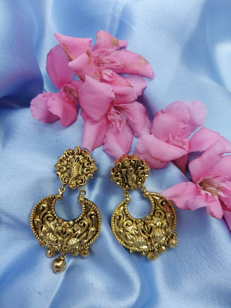 God Krishna Pattern Peacock Design Chandbali Jhumki Earring with Ghunghroo