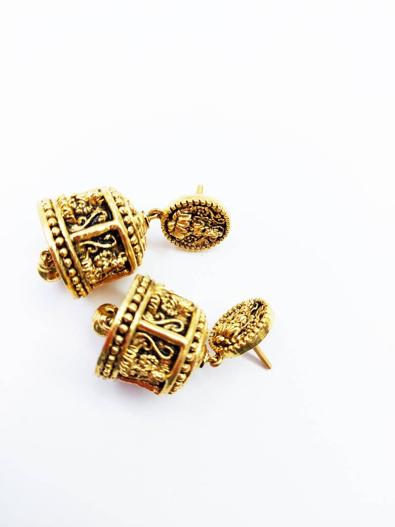 Godess Devi Floral Pattern Round Shaped Small Jhumki Earring with Ghunghroo