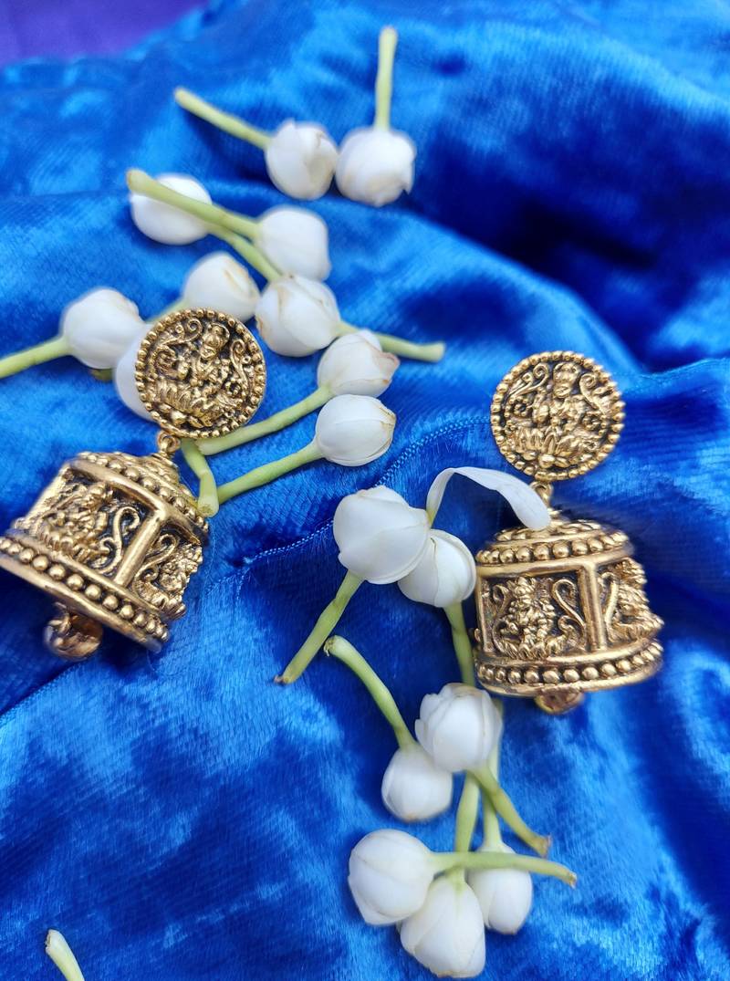 Godess Devi Floral Pattern Round Shaped Small Jhumki Earring with Ghunghroo