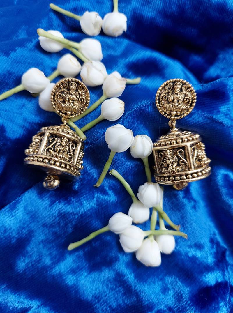 Godess Devi Floral Pattern Round Shaped Small Jhumki Earring with Ghunghroo