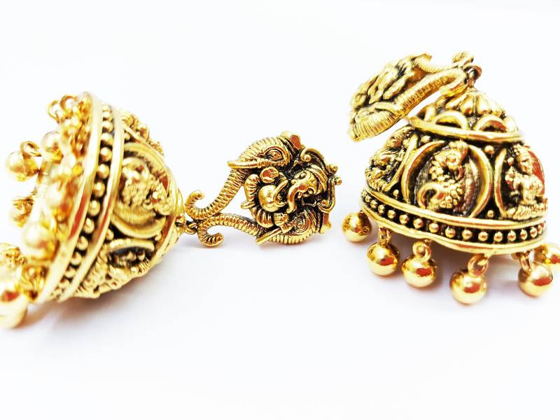 Ganpati Design Floral Pattern Dome Shaped Small Jhumki Earring with Ghunghroo