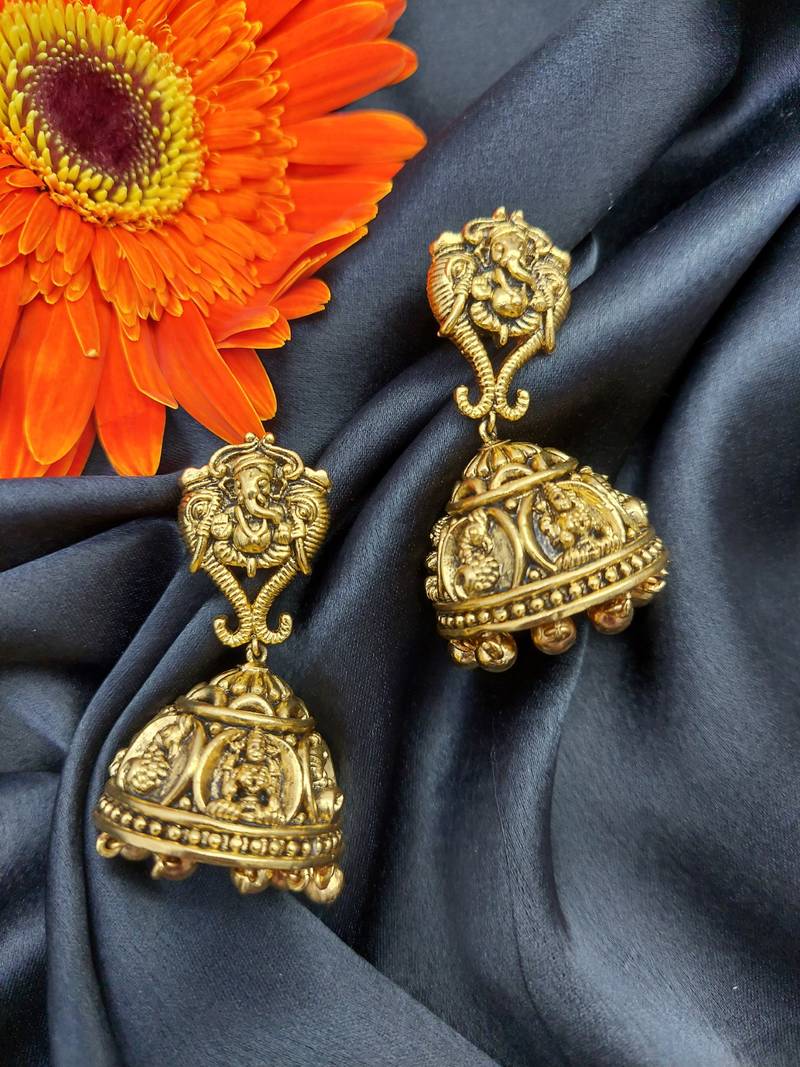 Ganpati Design Floral Pattern Dome Shaped Small Jhumki Earring with Ghunghroo