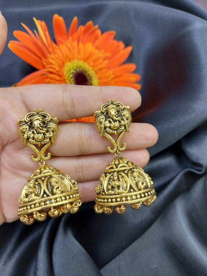 Ganpati Design Floral Pattern Dome Shaped Small Jhumki Earring with Ghunghroo