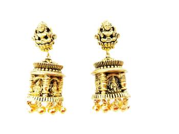 Goddess Design Floral Pattern Temple Pillar Shaped Small Jhumki Earring with Ghunghroo 1