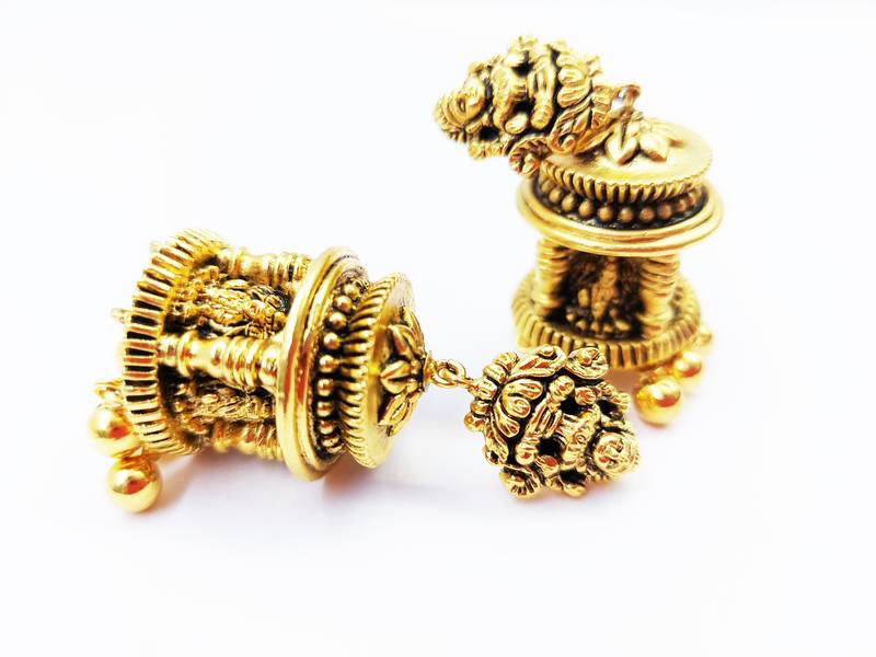 Goddess Design Floral Pattern Temple Pillar Shaped Small Jhumki Earring with Ghunghroo