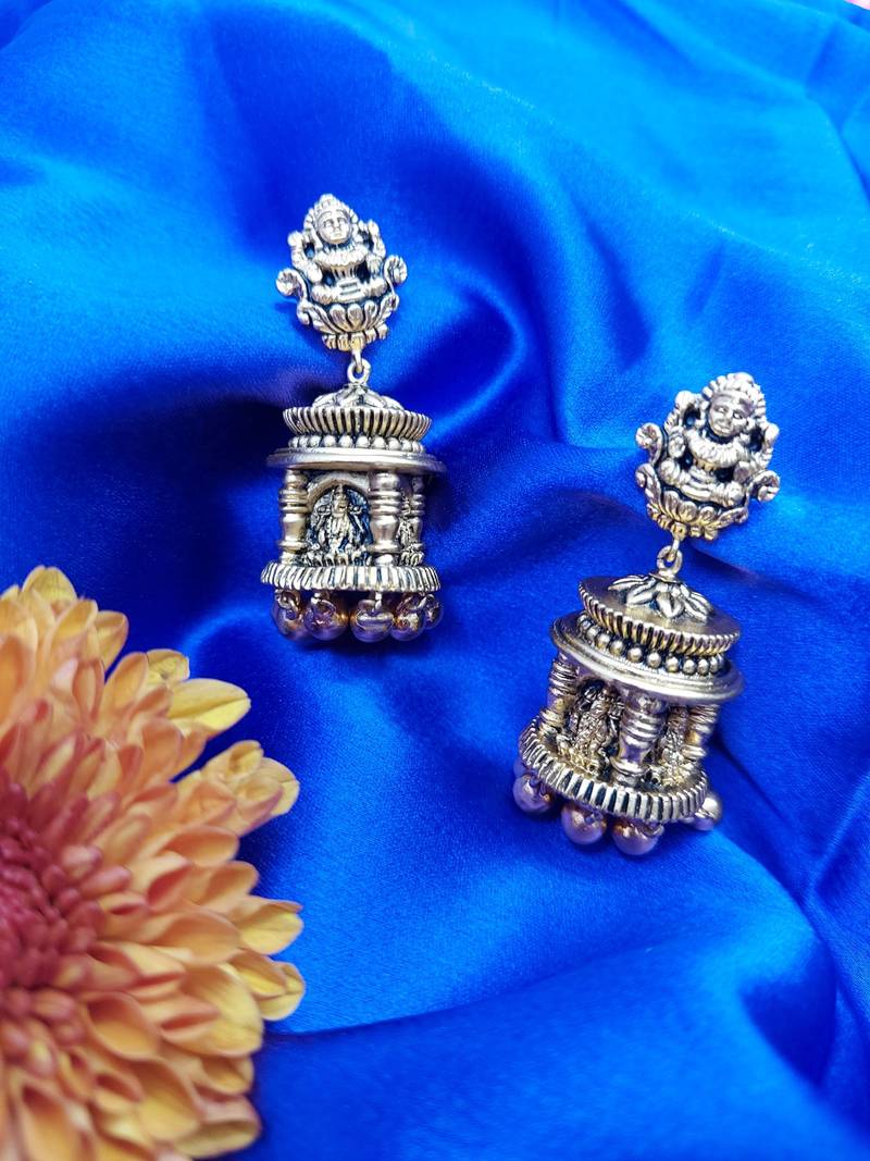 Goddess Design Floral Pattern Temple Pillar Shaped Small Jhumki Earring with Ghunghroo