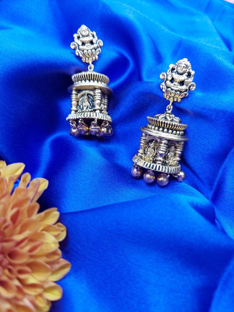 Goddess Design Floral Pattern Temple Pillar Shaped Small Jhumki Earring with Ghunghroo