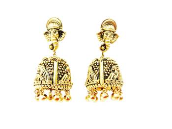 Ganpati Face Design Floral Pattern Dome Shaped Small Jhumki Earring with Ghunghroo 1