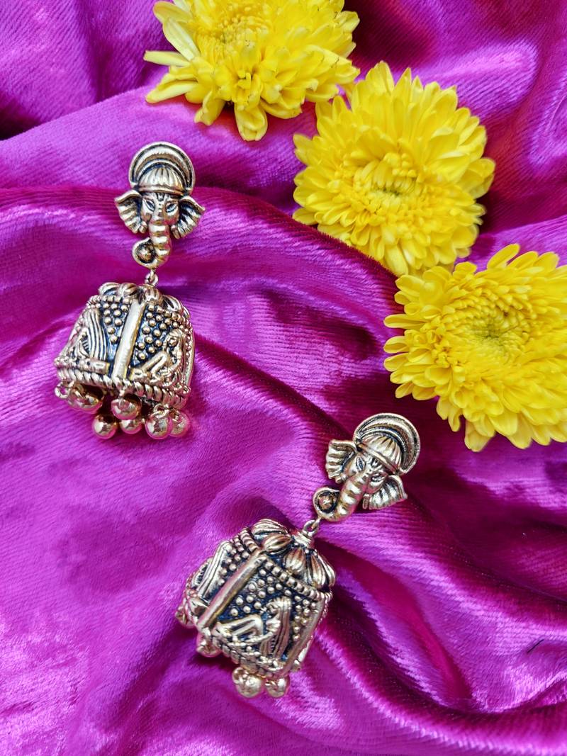 Ganpati Face Design Floral Pattern Dome Shaped Small Jhumki Earring with Ghunghroo